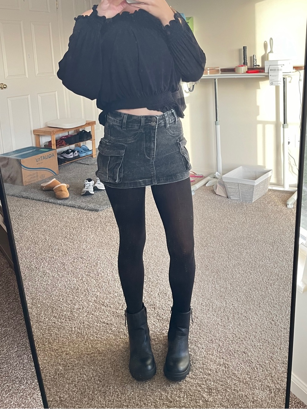 Gray denim mini skirt with pockets XS